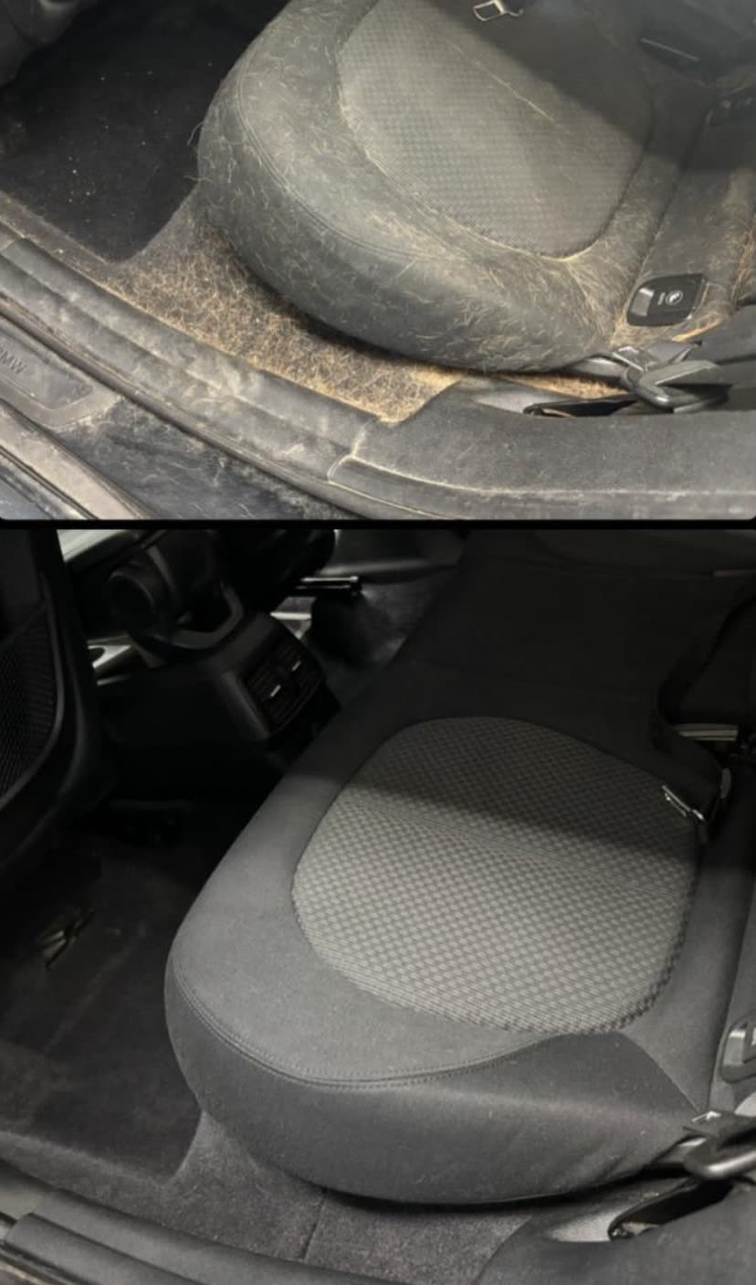Fahrersitz und Fußraum eines BMW vor und nach der Innenreinigung, oben mit Tierhaaren, unten sauber