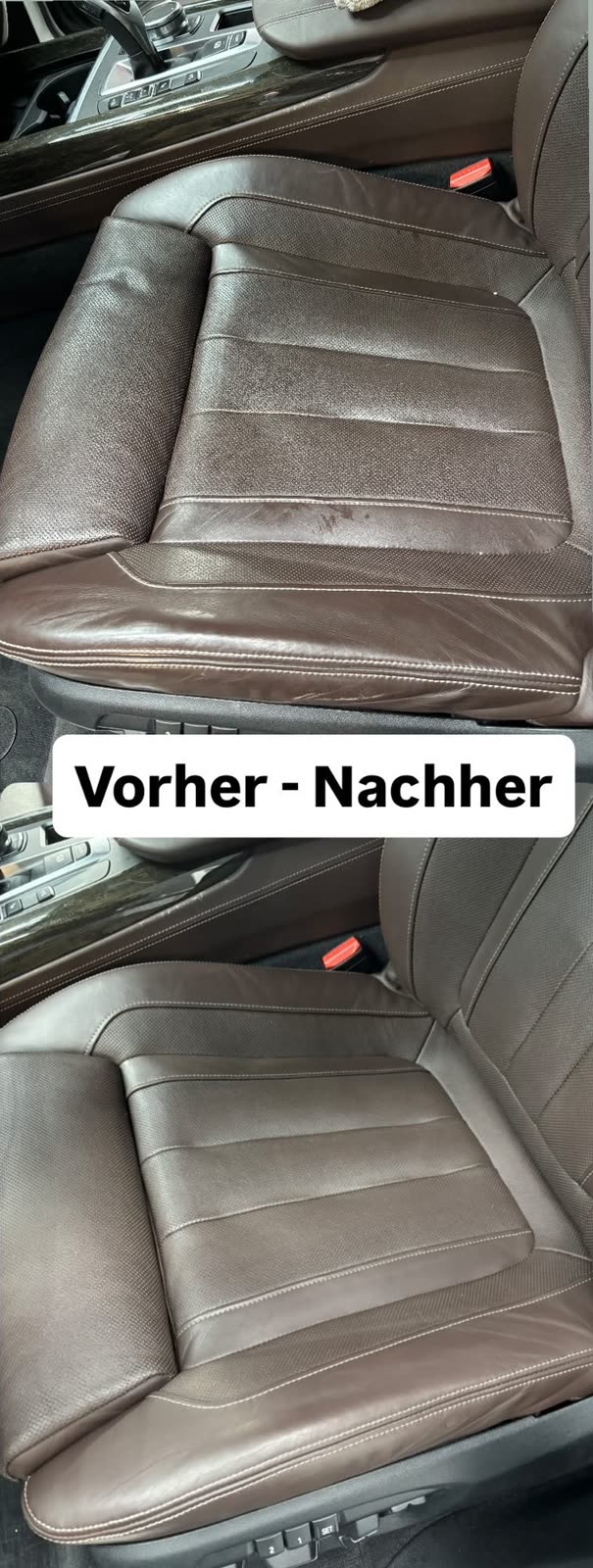 Brauner Ledersitz vor und nach der Lederpflege, oben stumpf und verschmutzt, unten gleichmäßig und gepflegt