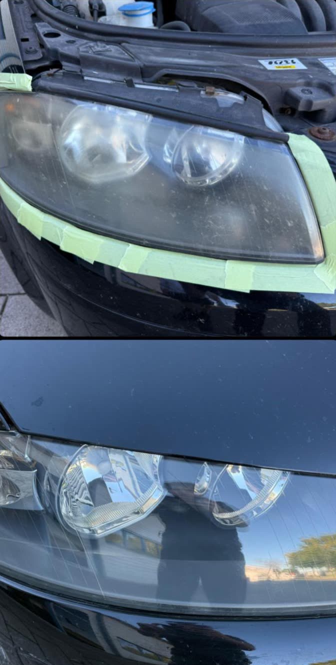 Scheinwerfer vor und nach der Aufbereitung, oben vergilbt und abgeklebt, unten wieder klar und glasig