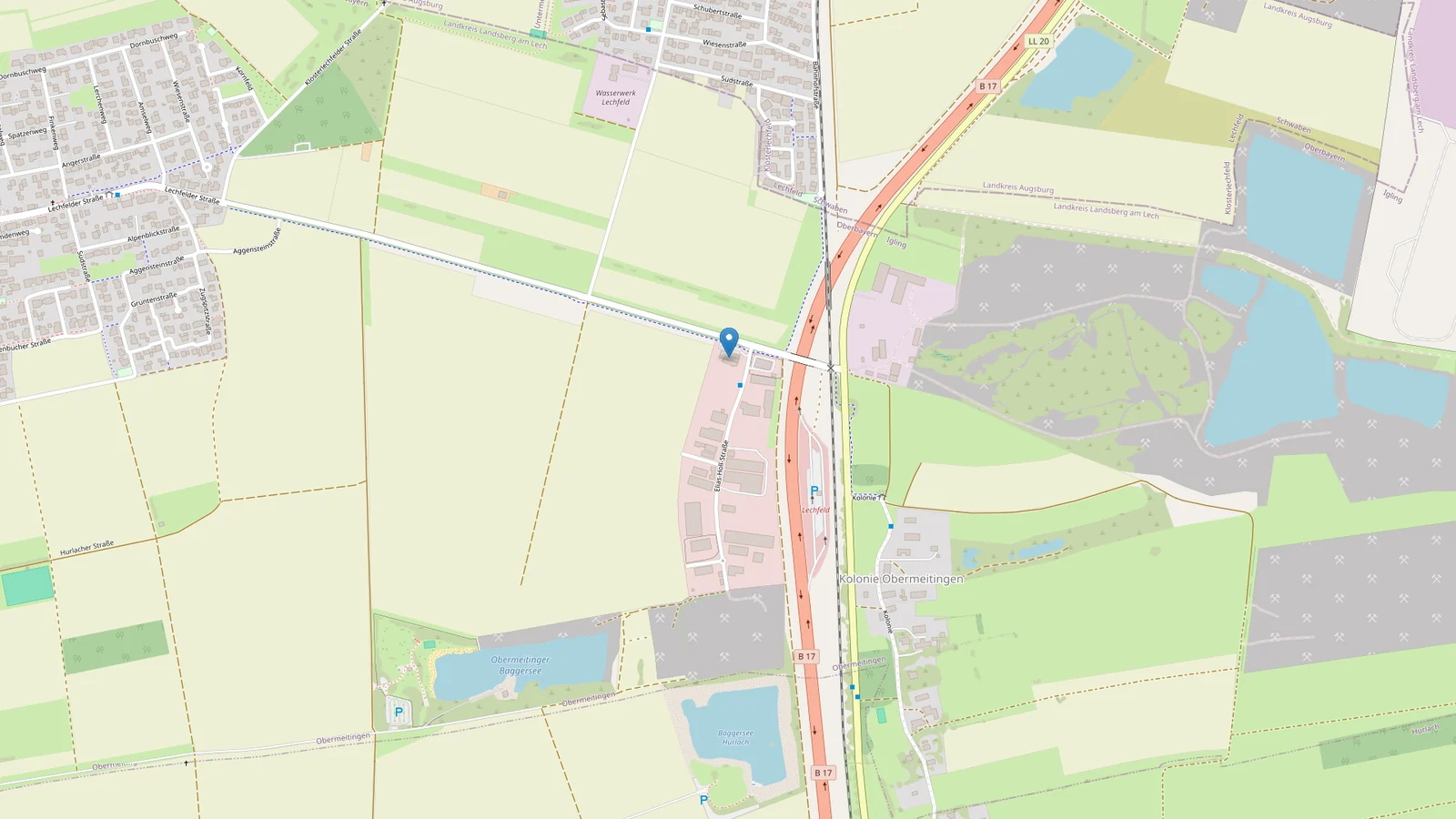 Kartenausschnitt von Obermeitingen mit der Lage von DIST Autopflegeservice in der Elias-Holl-Straße 2, nahe der B 17