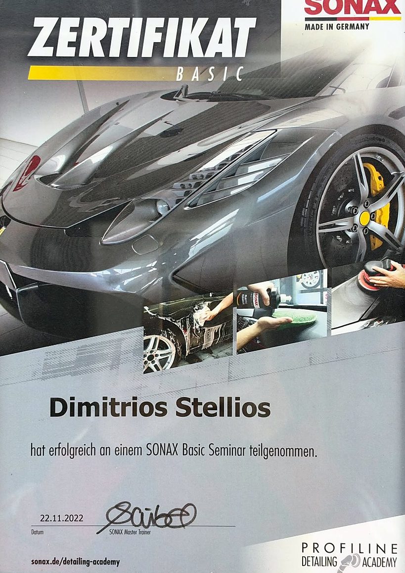 SONAX-Zertifikat Basic für Dimitrios Stellios vom 22.11.2022
